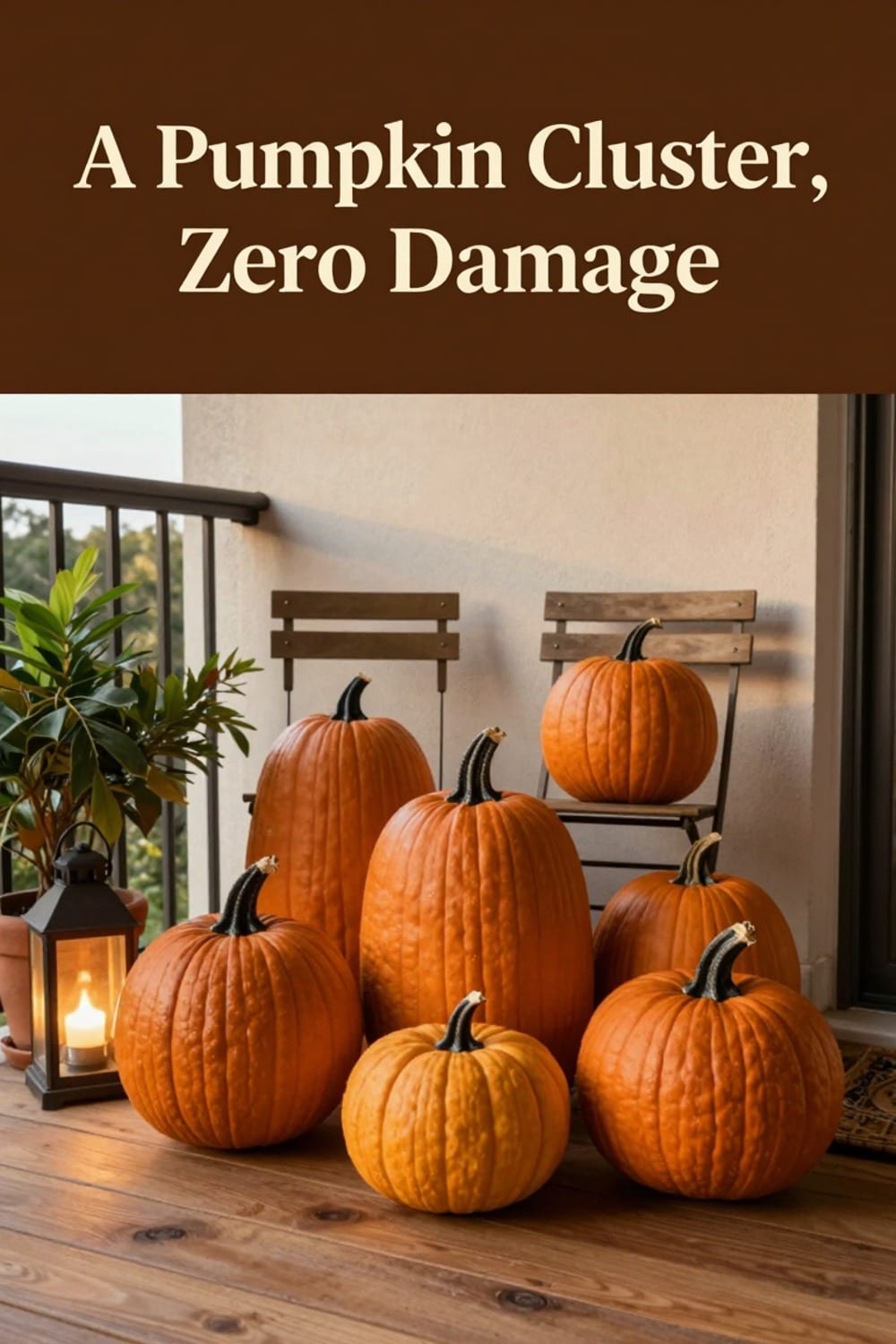 Cluster of faux pumpkins at different heights with a warm lantern glowing among them beside a balcony chair