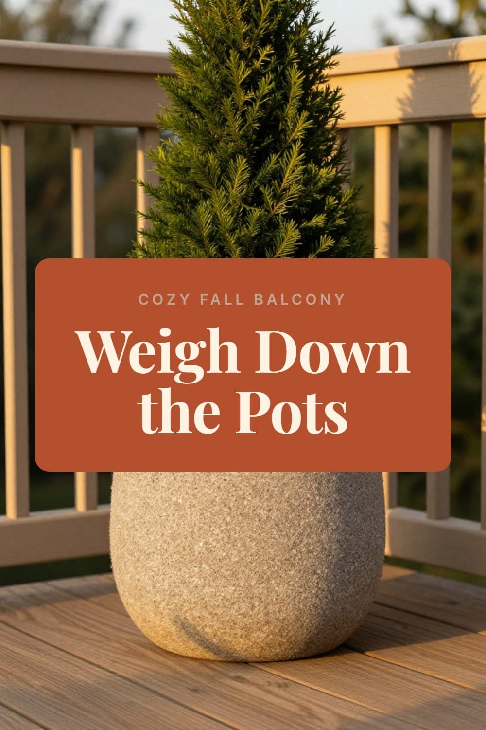 Heavy fiberstone planter base keeping a potted evergreen from tipping in the wind