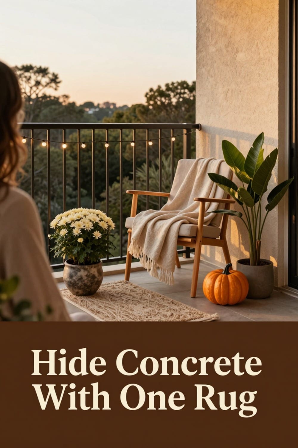 Finished small renter balcony styled for fall with lights, mum, throw, and rug all under $75