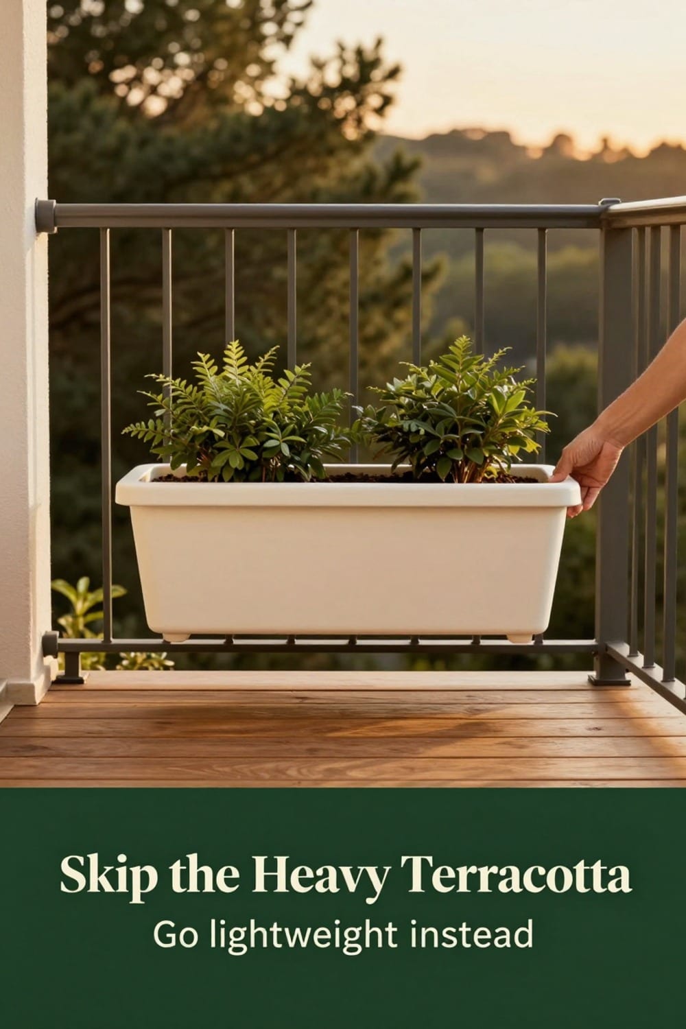 Lightweight resin fall planter box compared to a heavy terracotta planter on a balcony