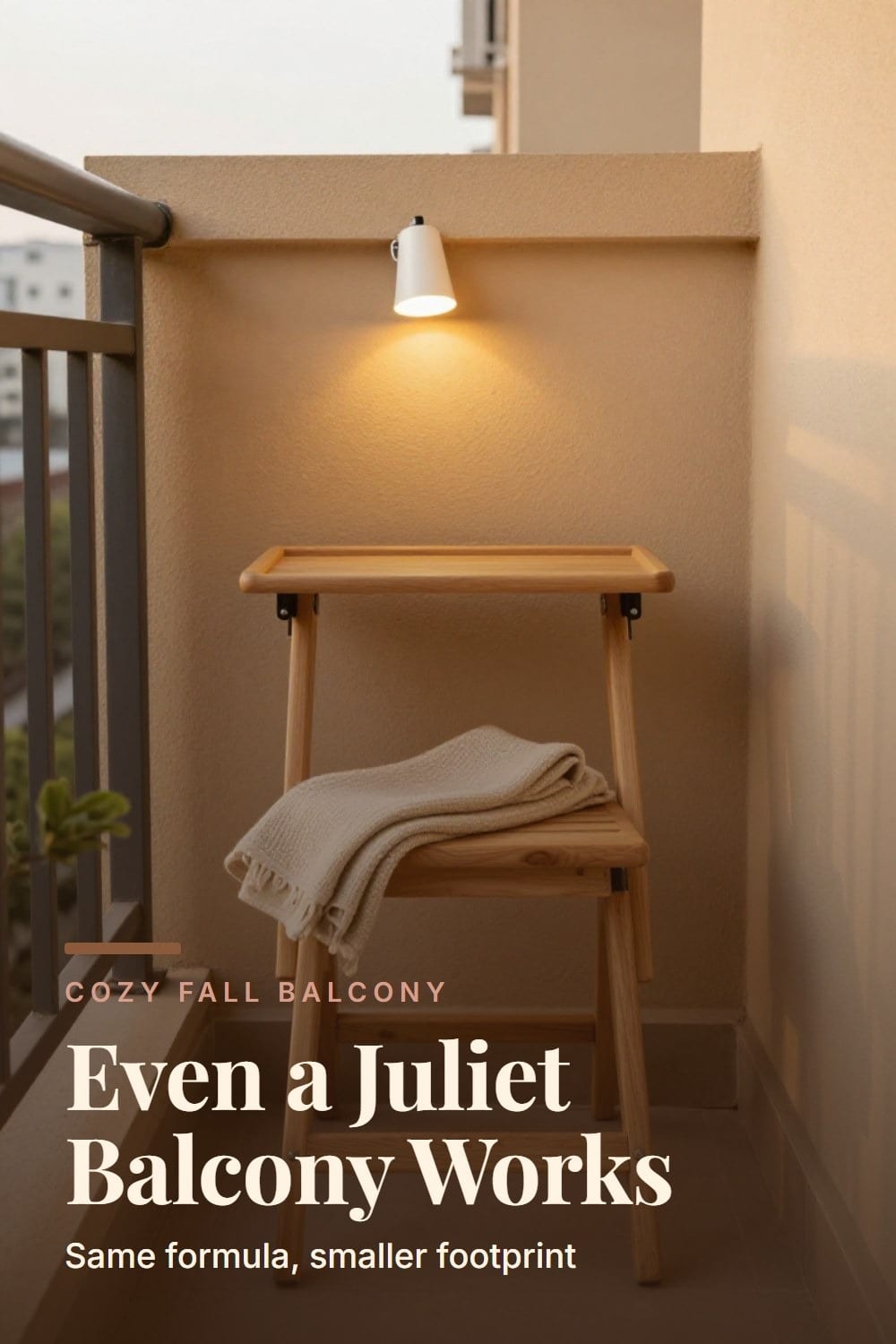 Slim folding stool and clip-on tray reading setup on a narrow Juliet balcony