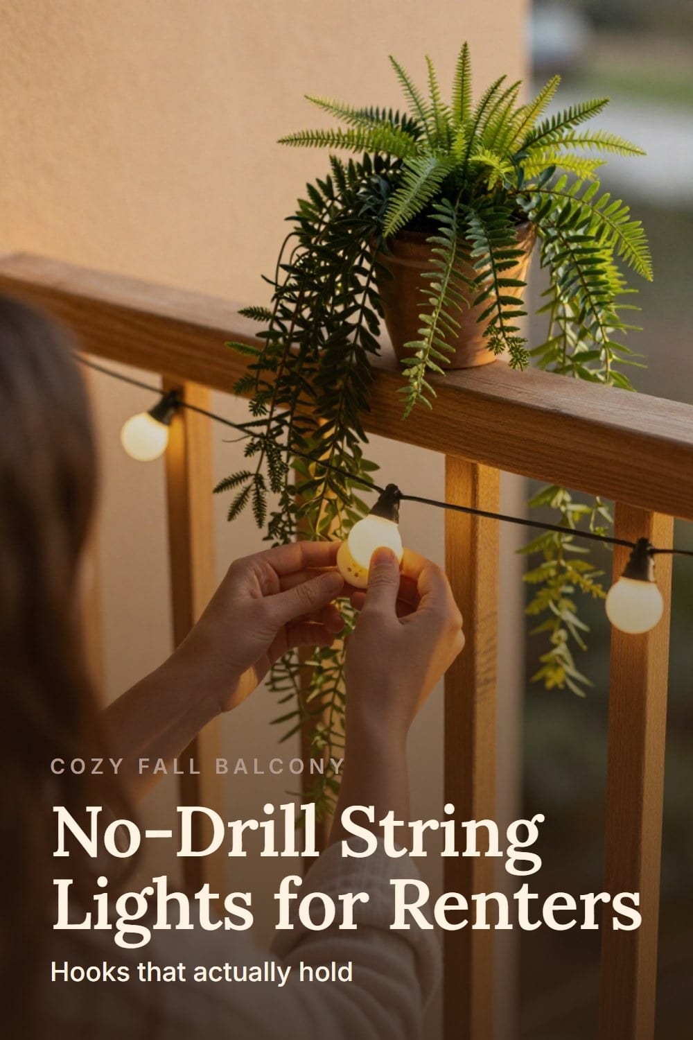Hands hanging warm white string lights on a balcony railing with an adhesive hook, no drilling