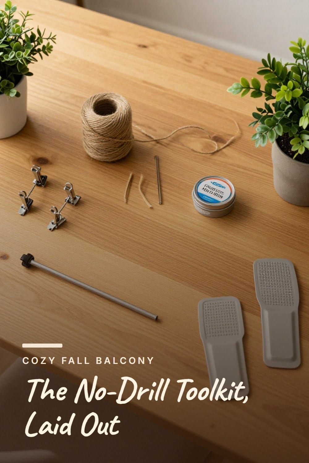 No-drill balcony decorating toolkit flat lay