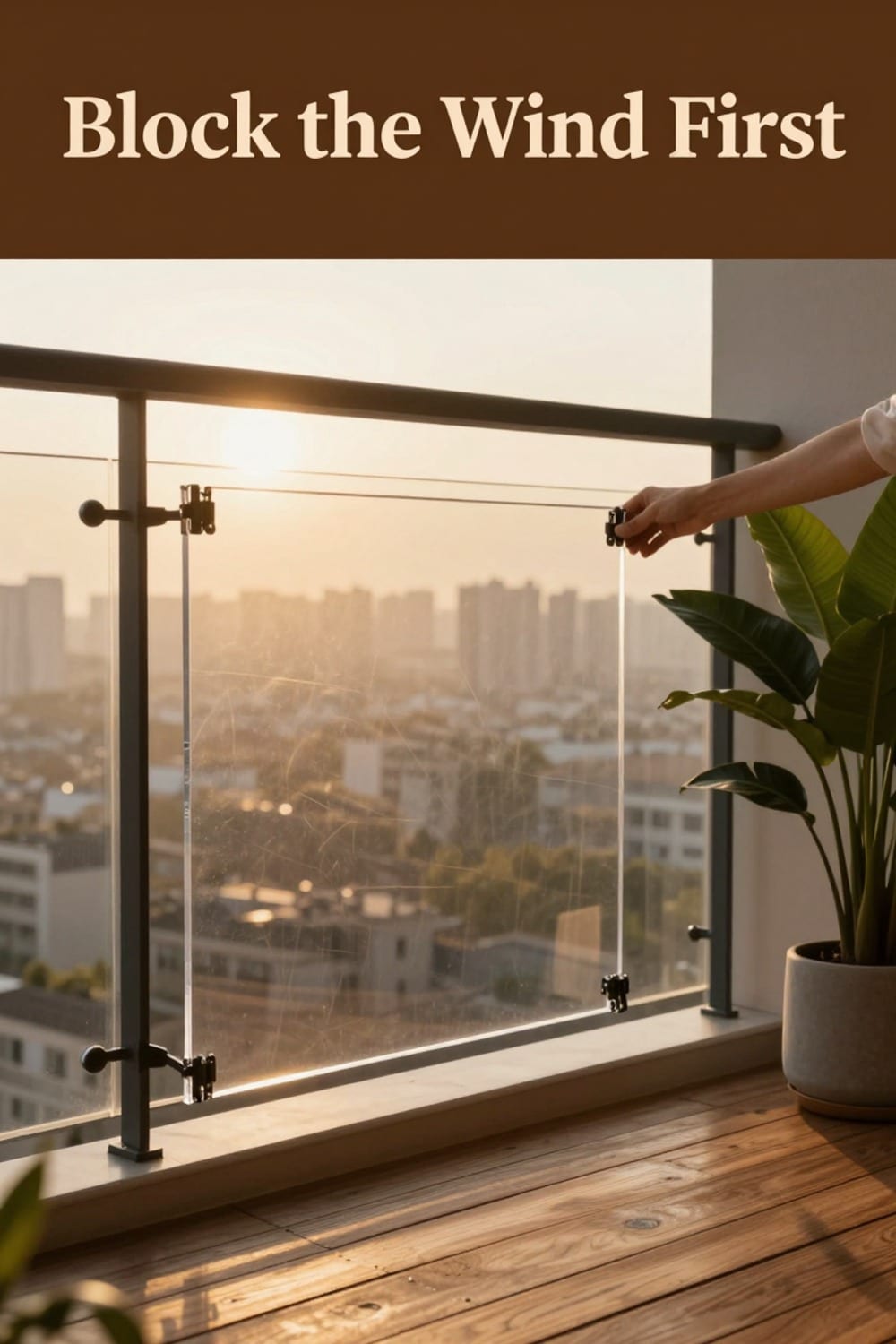 Clear no-drill wind panel clipped to a high-rise balcony railing cutting the wind