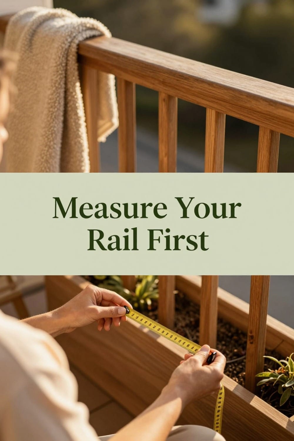 Measuring a balcony railing before installing an adjustable no-drill planter box
