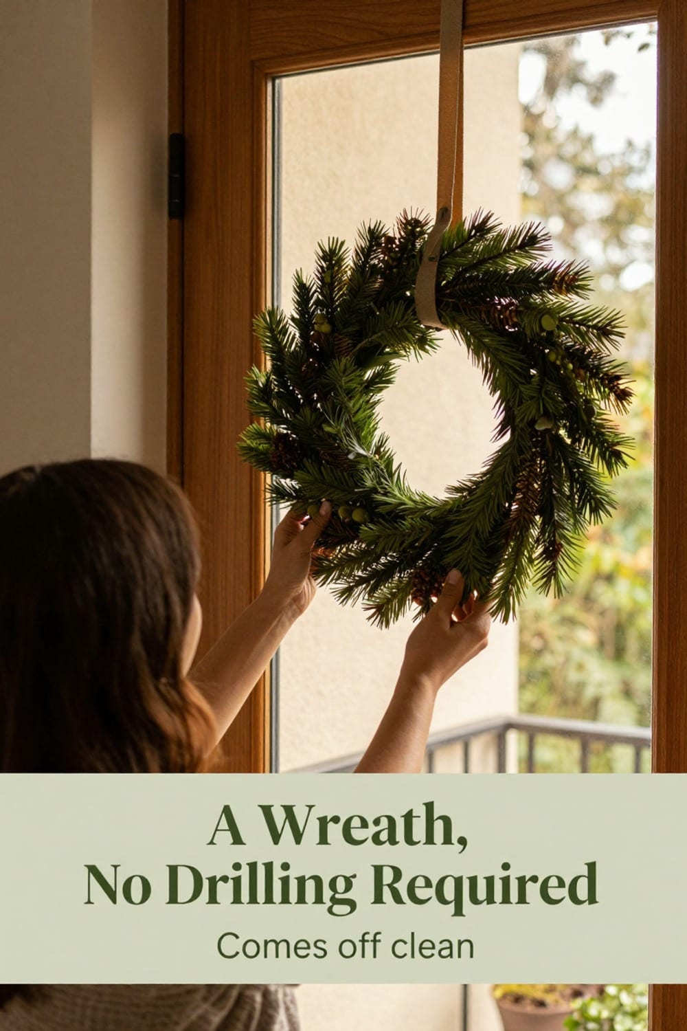 Hands hanging a small Halloween wreath on a balcony door using an outdoor-rated no-drill adhesive hook