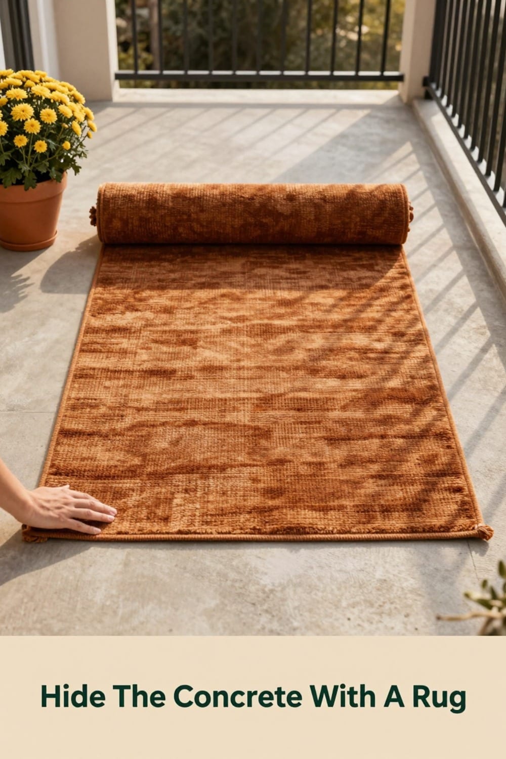 Warm-toned outdoor rug being rolled out over bare balcony concrete