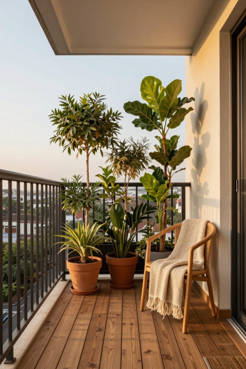 Tall potted plants lining an apartment balcony railing to create a living privacy screen