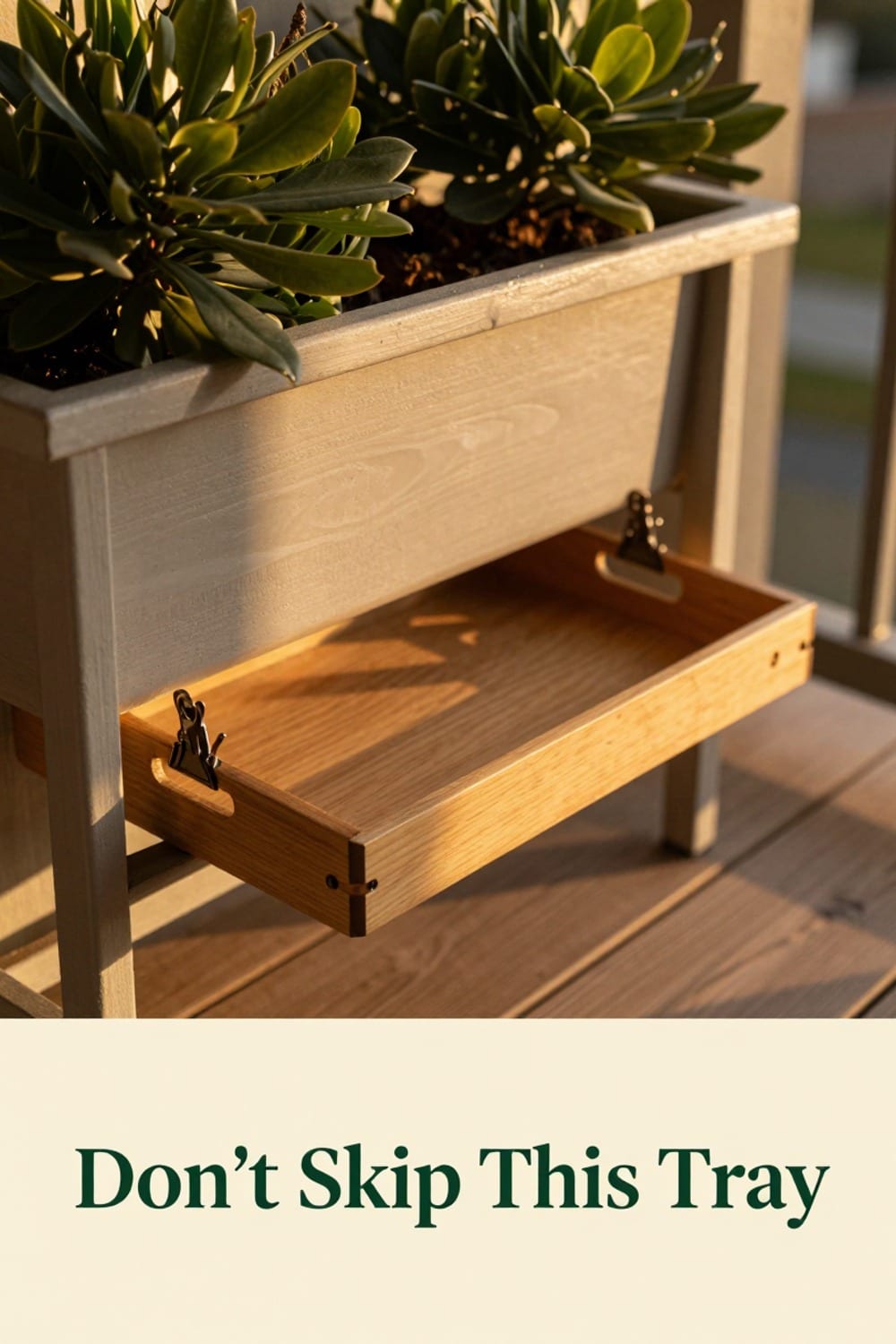 Drainage tray clipped underneath a fall railing planter box on an apartment balcony