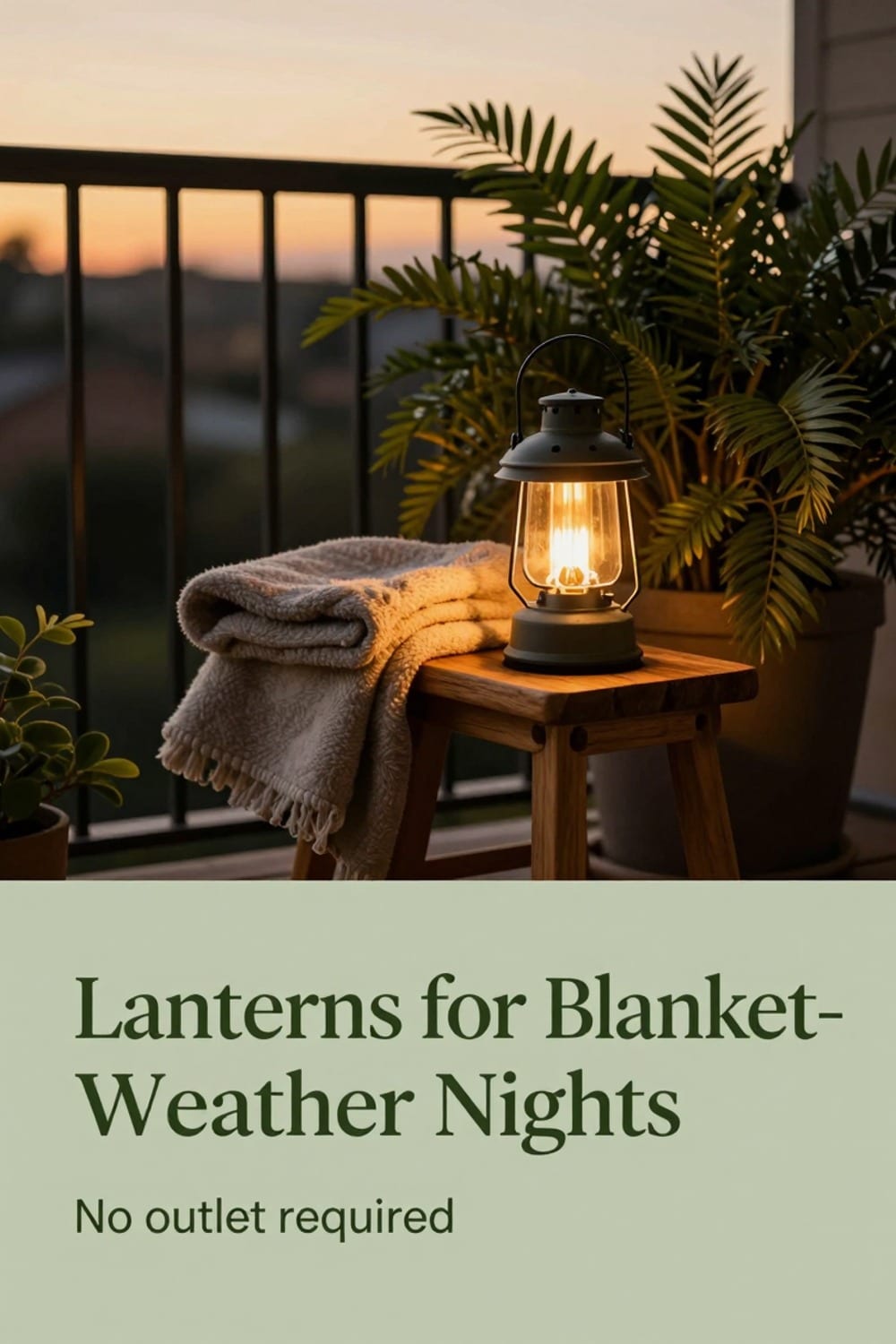 Rechargeable lantern on a small stool beside a folded blanket on a balcony at dusk