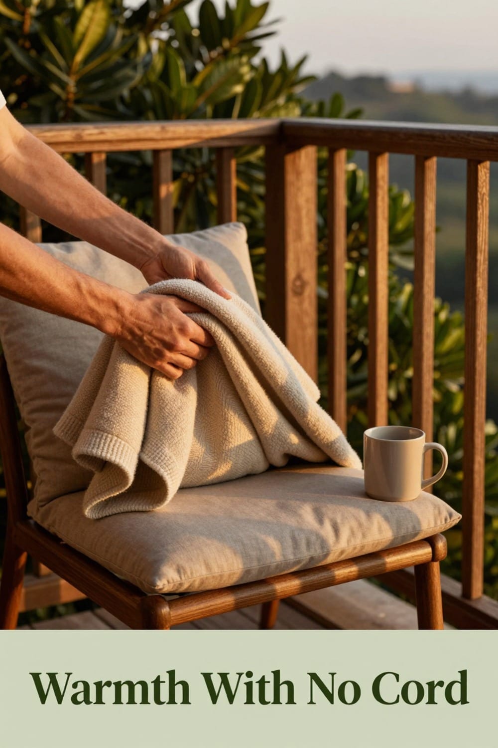 Rechargeable heated throw tucked around a chair on a windy balcony with no cord in sight