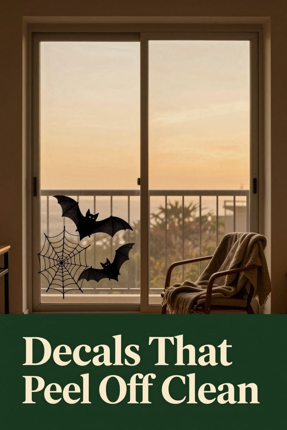 Removable bat and cobweb decals on the corner of a balcony sliding door, softly lit at dusk