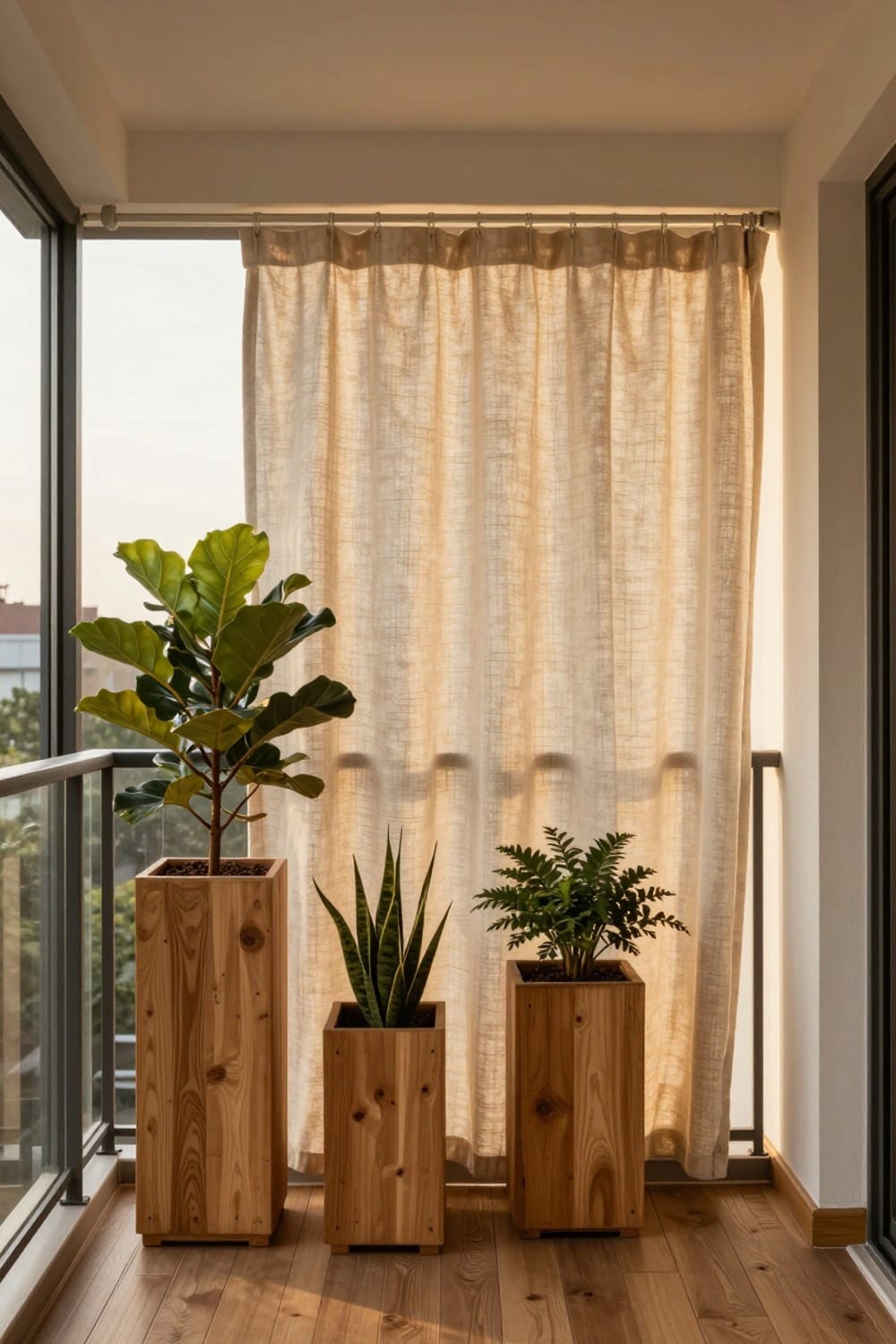 Renter-friendly apartment balcony styled with a no-drill privacy curtain and railing planters