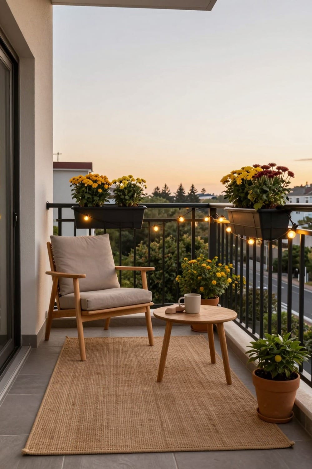 Renter-friendly fall balcony makeover after photo with cozy string lights and rug