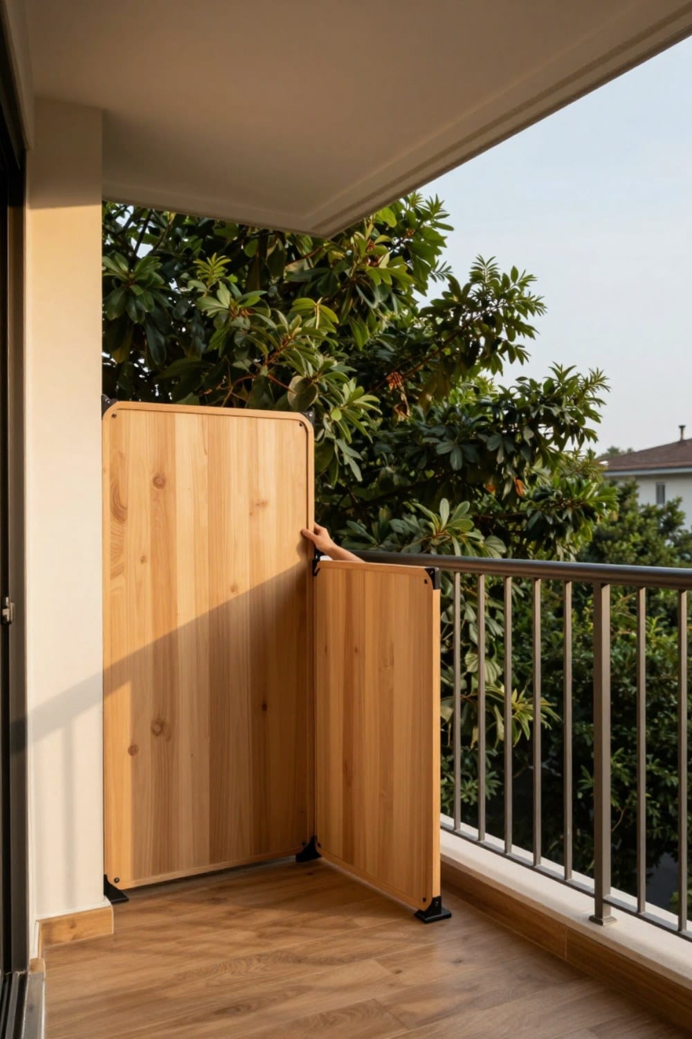 Small apartment balcony with a no-drill privacy screen and undamaged railing