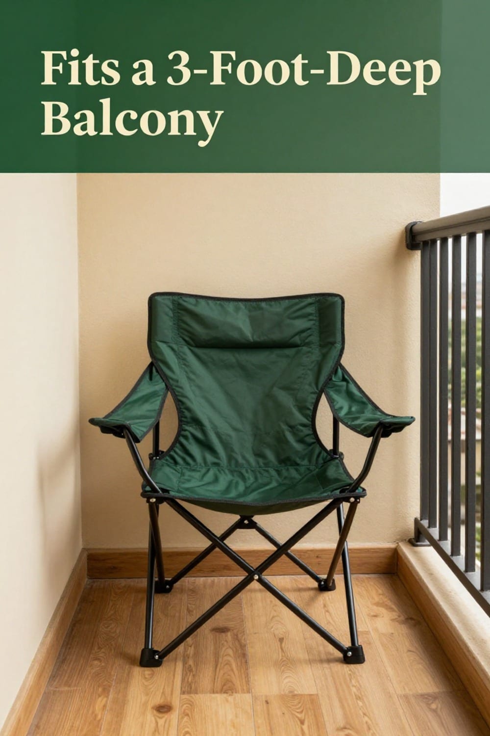 Folding cocoon chair fitted into a narrow three-foot-deep balcony corner