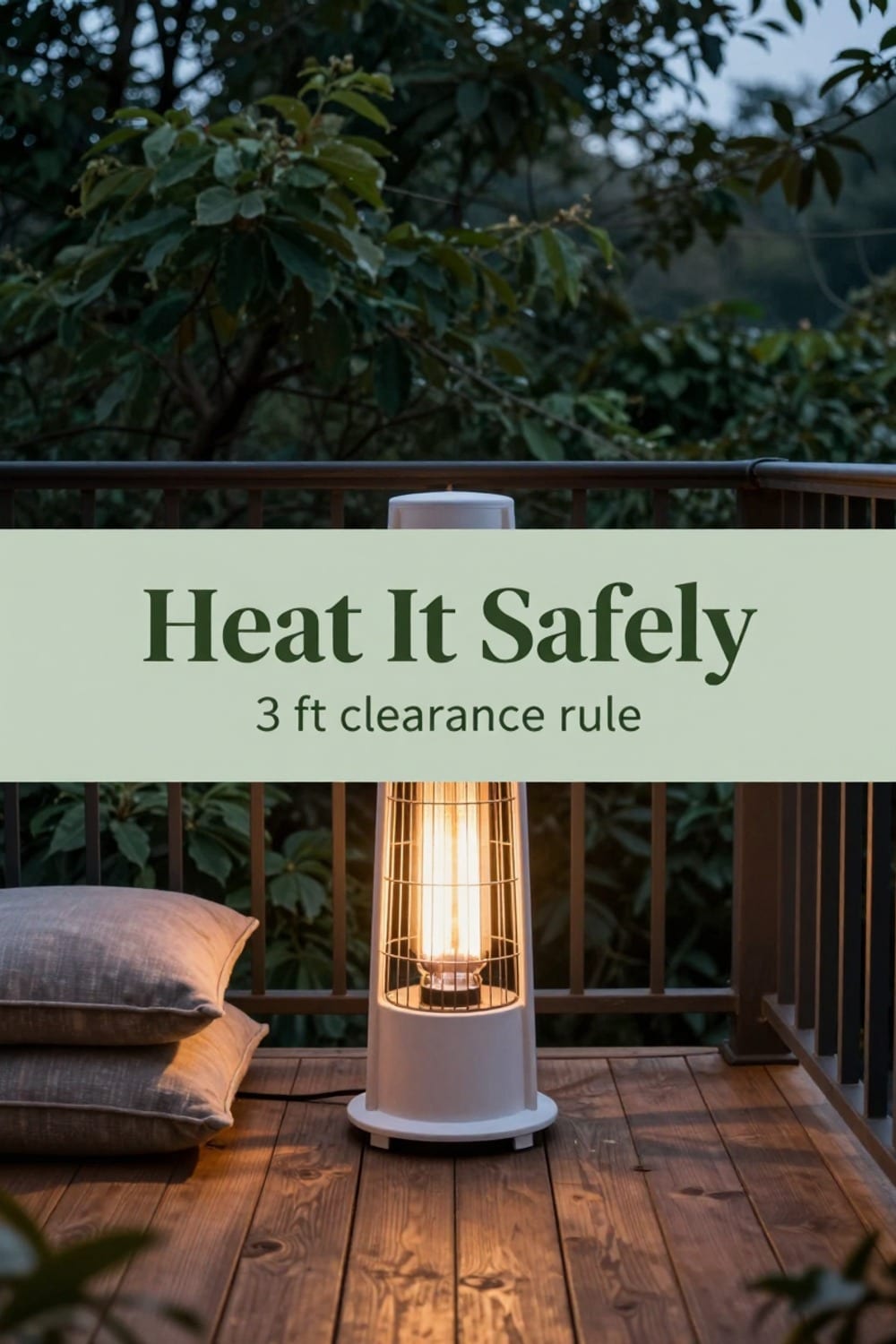 Compact electric heater positioned safely away from cushions on a small balcony