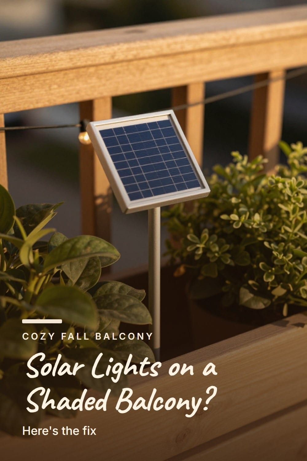 Macro shot of a solar light panel stake tucked among balcony planter leaves in warm sun
