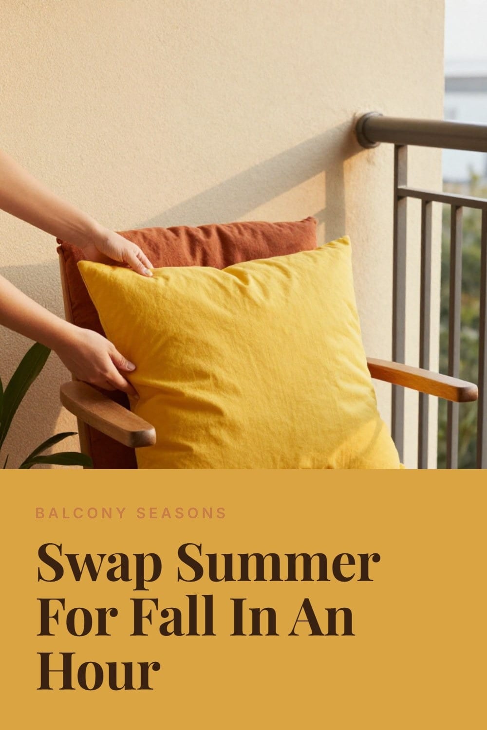 Hands swapping a bright summer cushion cover for a rust-toned fall one