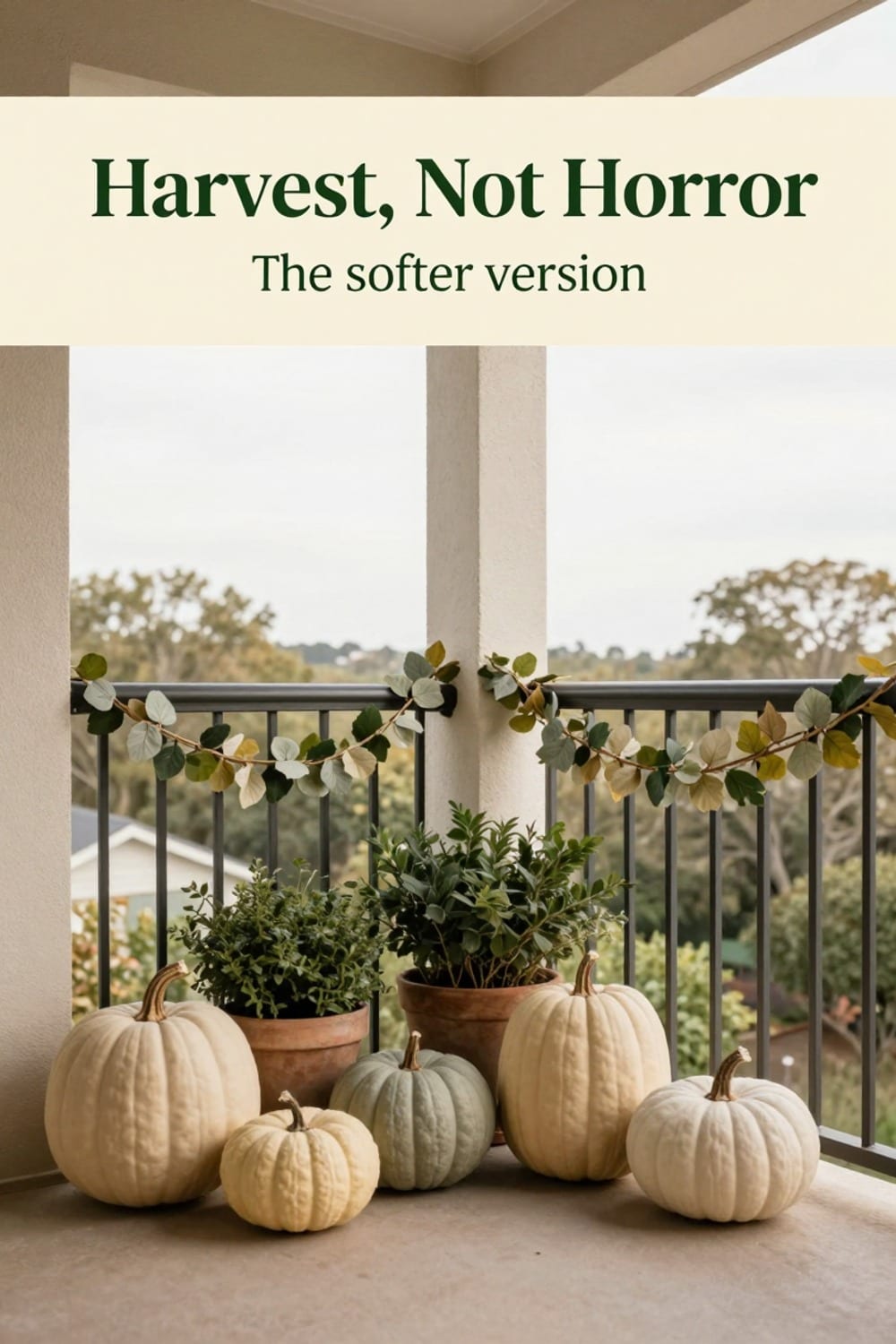 Softer harvest-toned balcony corner with cream and sage pumpkins and a muted garland instead of Halloween black and orange