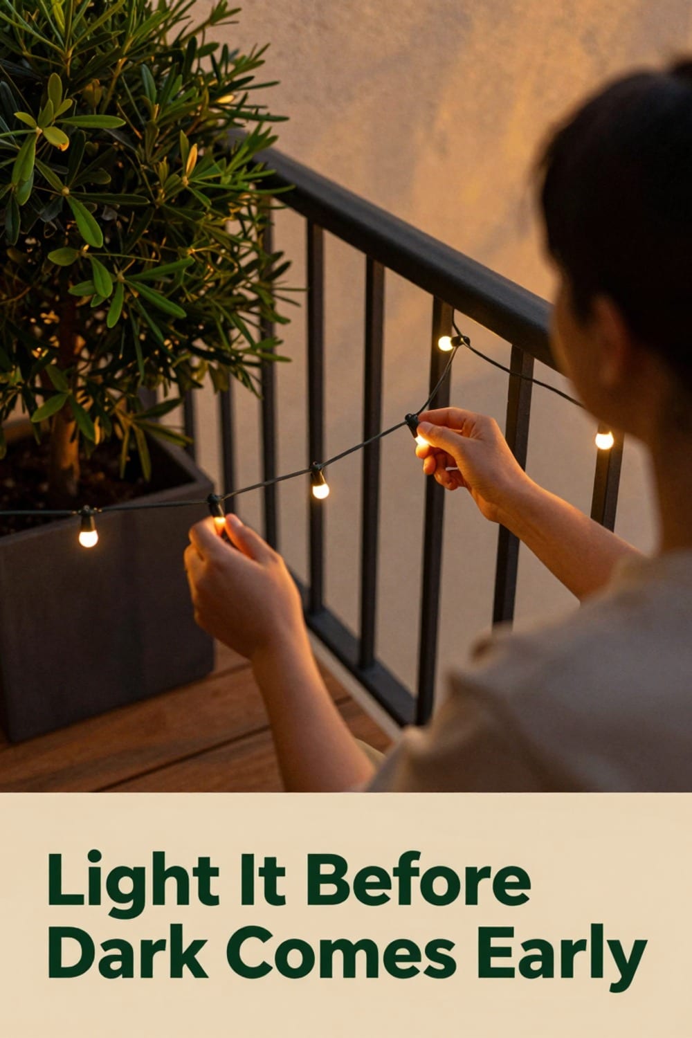 Warm string lights being hung along a balcony railing as sunset comes earlier in fall