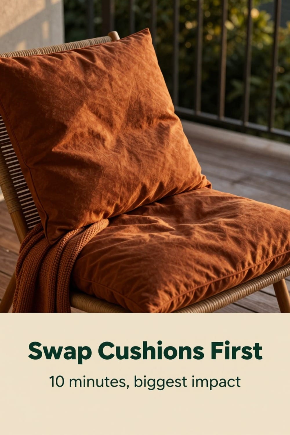 Warm rust-toned cushion being placed over a balcony chair to replace a bright summer cushion