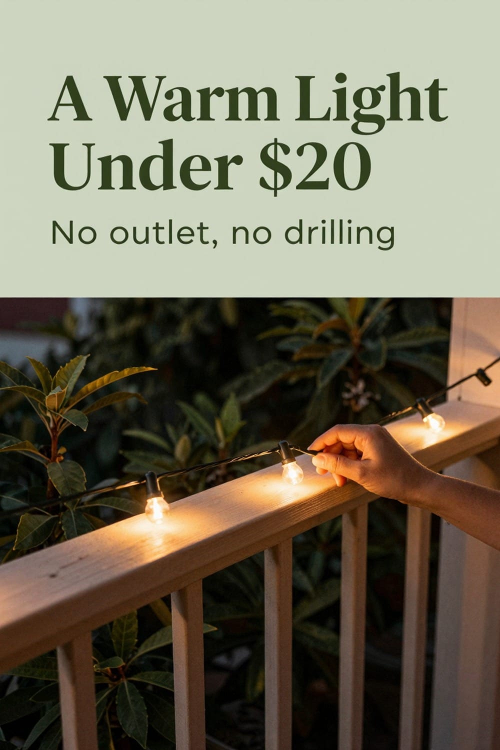 Warm-white battery string lights clipped along a balcony railing at dusk