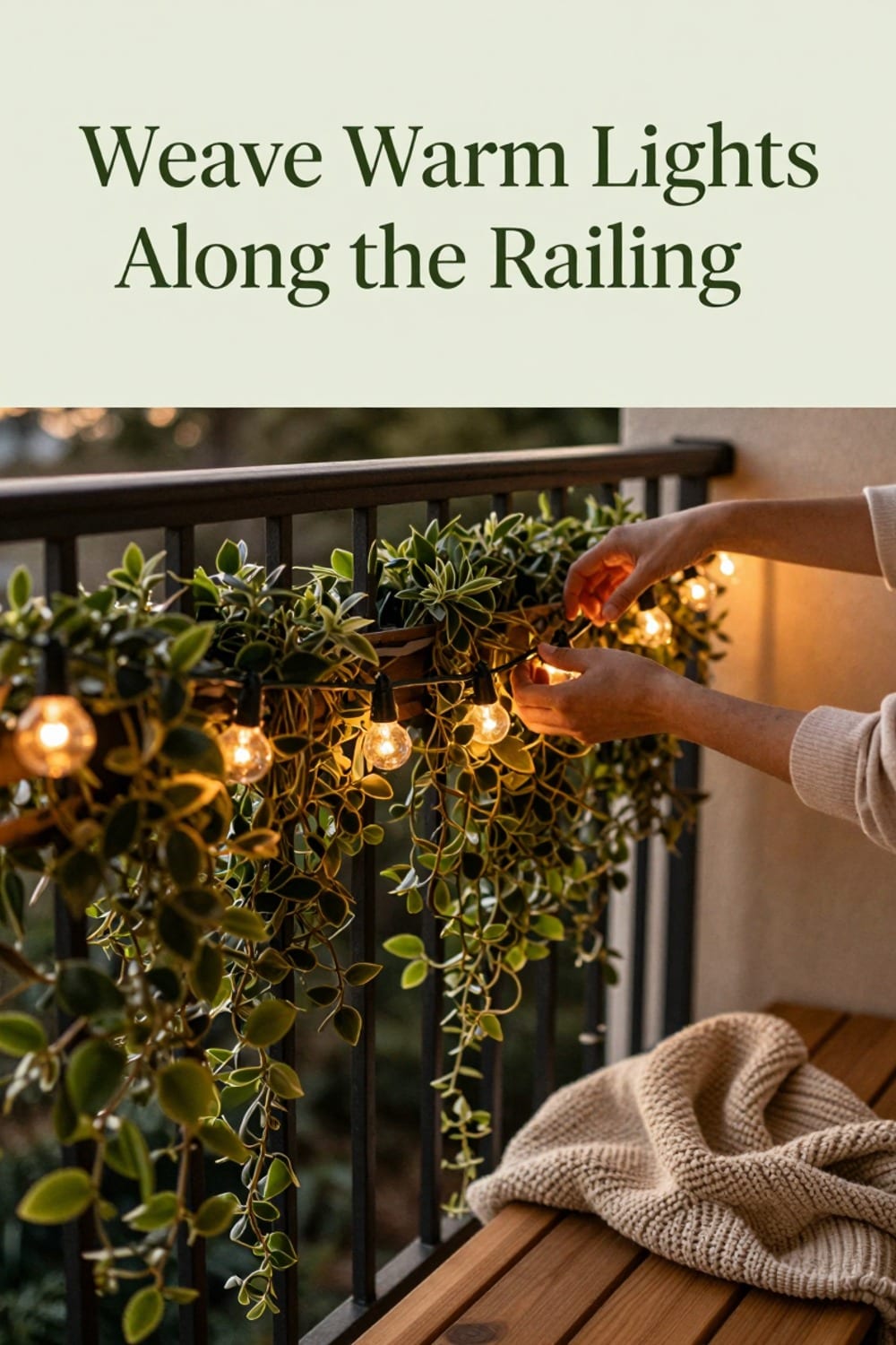 Hands draping warm fairy lights along a balcony railing among deep green trailing plants at golden hour