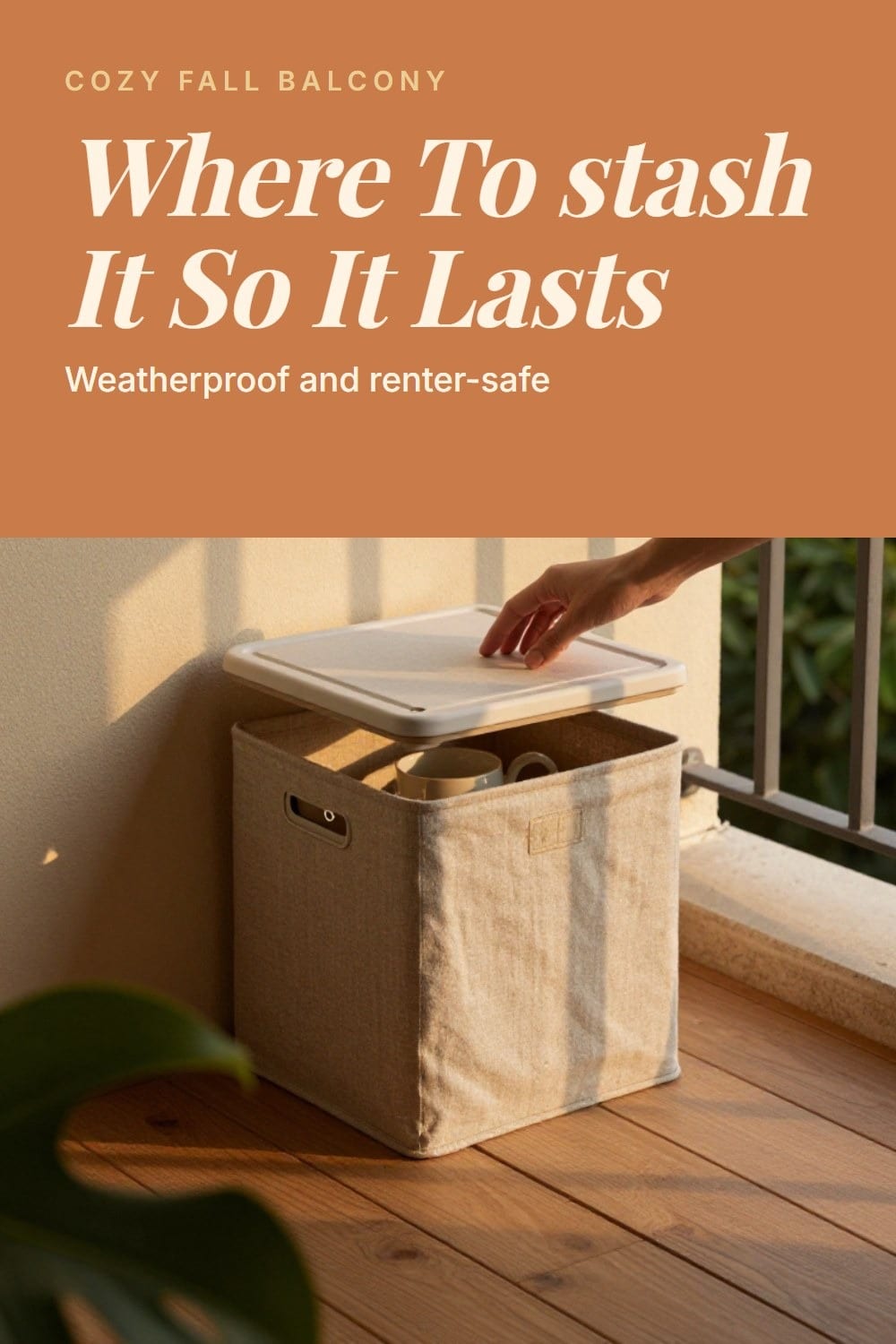 Weatherproof storage box tucked into the corner of a small balcony holding mugs and cocoa packets