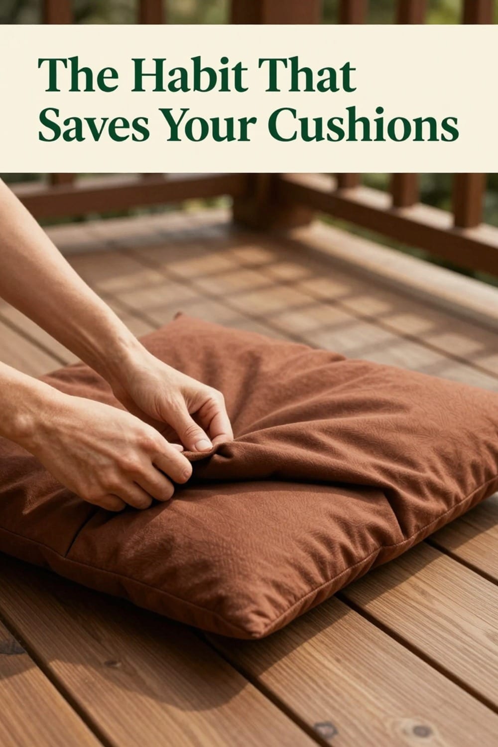 Removable washable cushion cover being pulled off an outdoor floor cushion