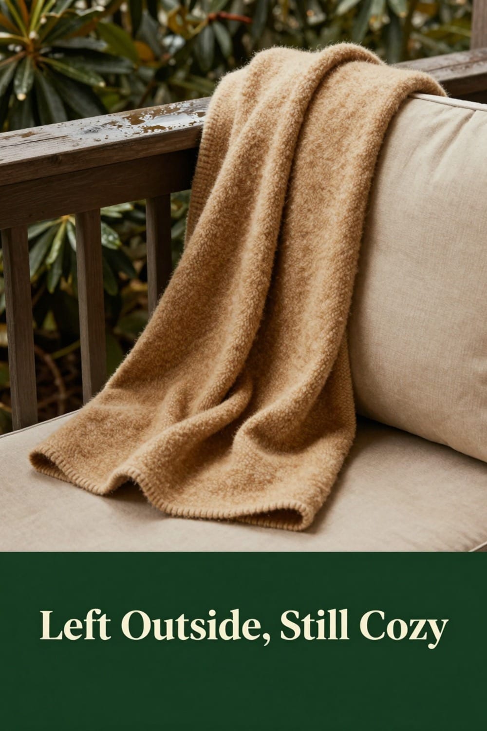 Weatherproof outdoor throw and cushion combination surviving damp fall weather on a balcony