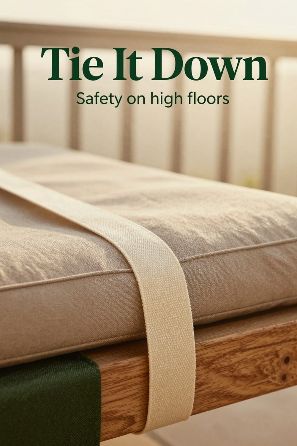 Weighted outdoor cushion with a tie-down strap secured to a chair on a high-rise balcony