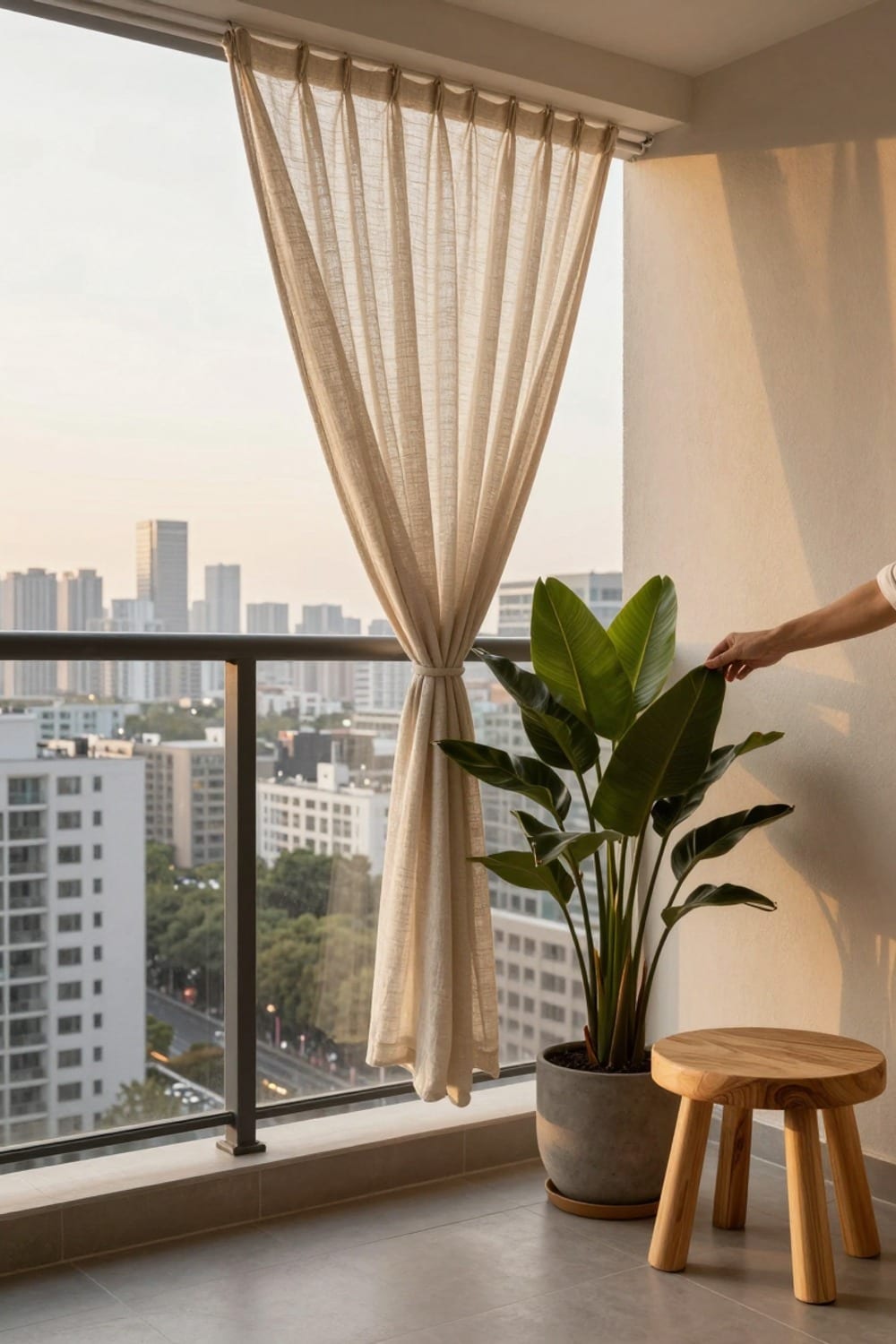 High-rise apartment balcony styled with a wind-resistant mesh privacy screen against a city skyline