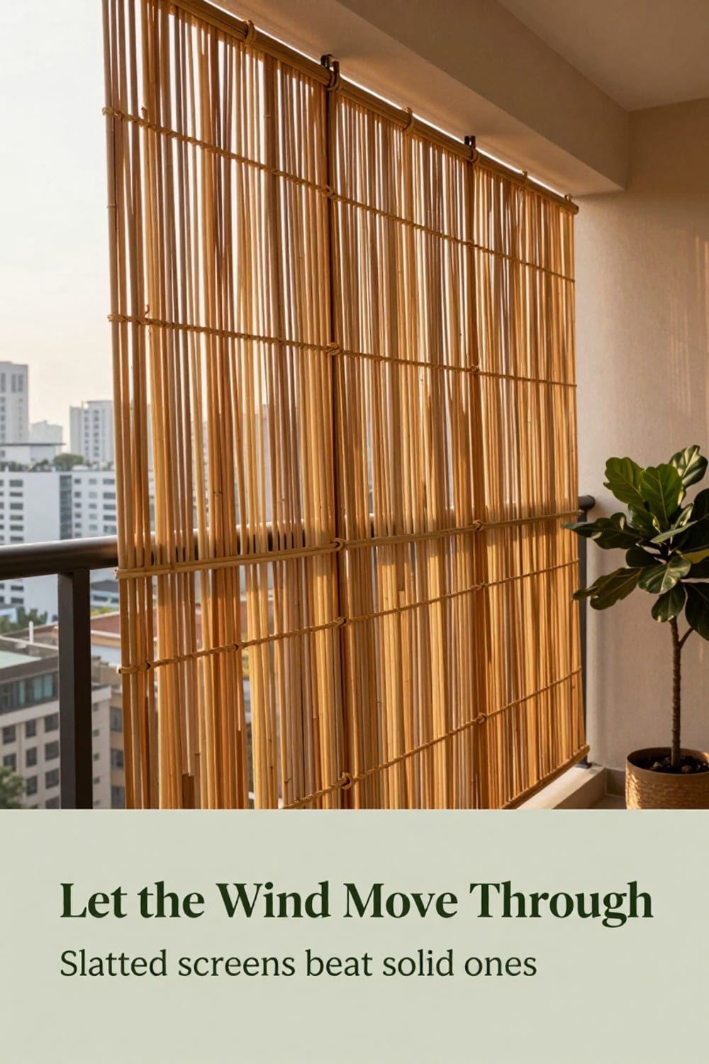Slatted bamboo reed screen tied to a high-rise balcony railing with city skyline beyond