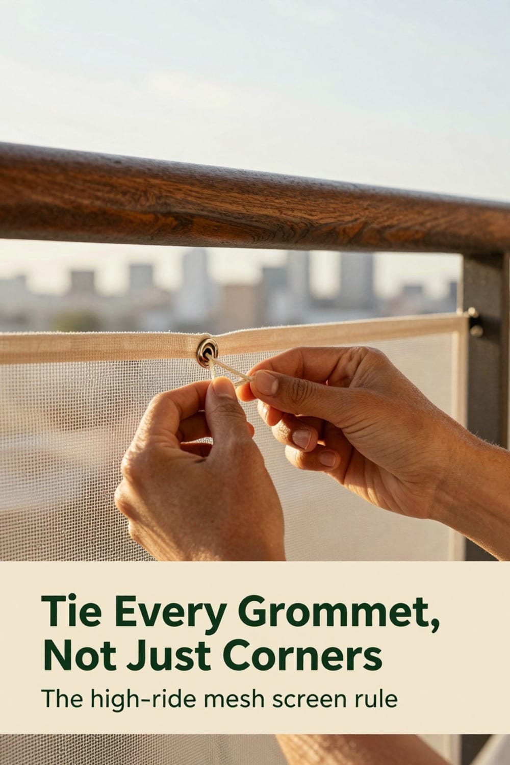 Hands tying a cord through a mesh privacy screen grommet on a high-rise balcony