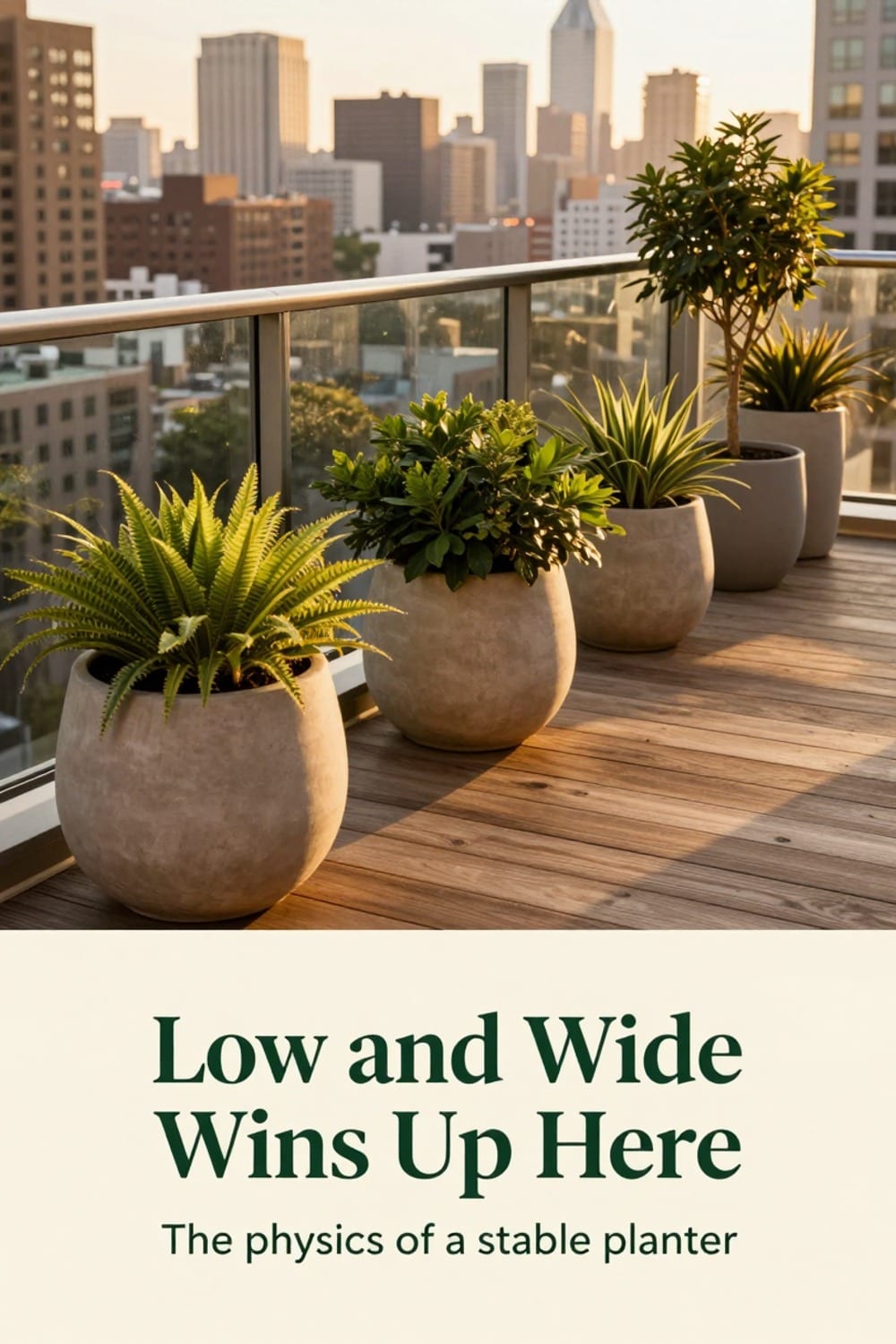 Row of low, wide, weighted planters lining a high-rise balcony railing