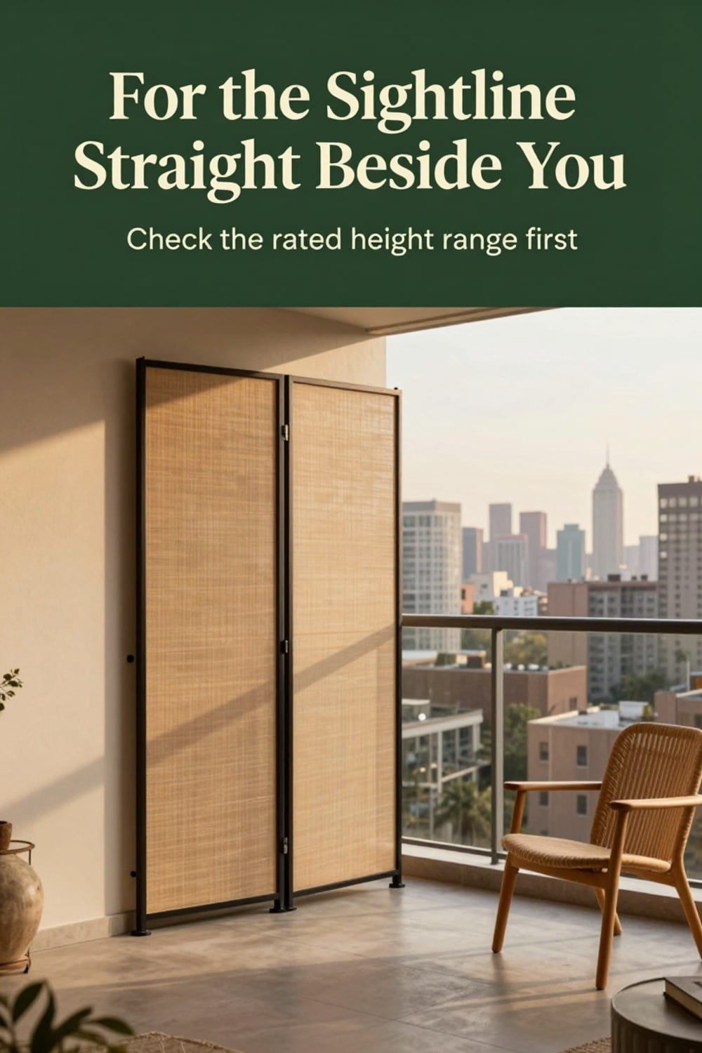 Pressure-fit privacy screen wedged floor-to-ceiling at a high-rise balcony shared wall