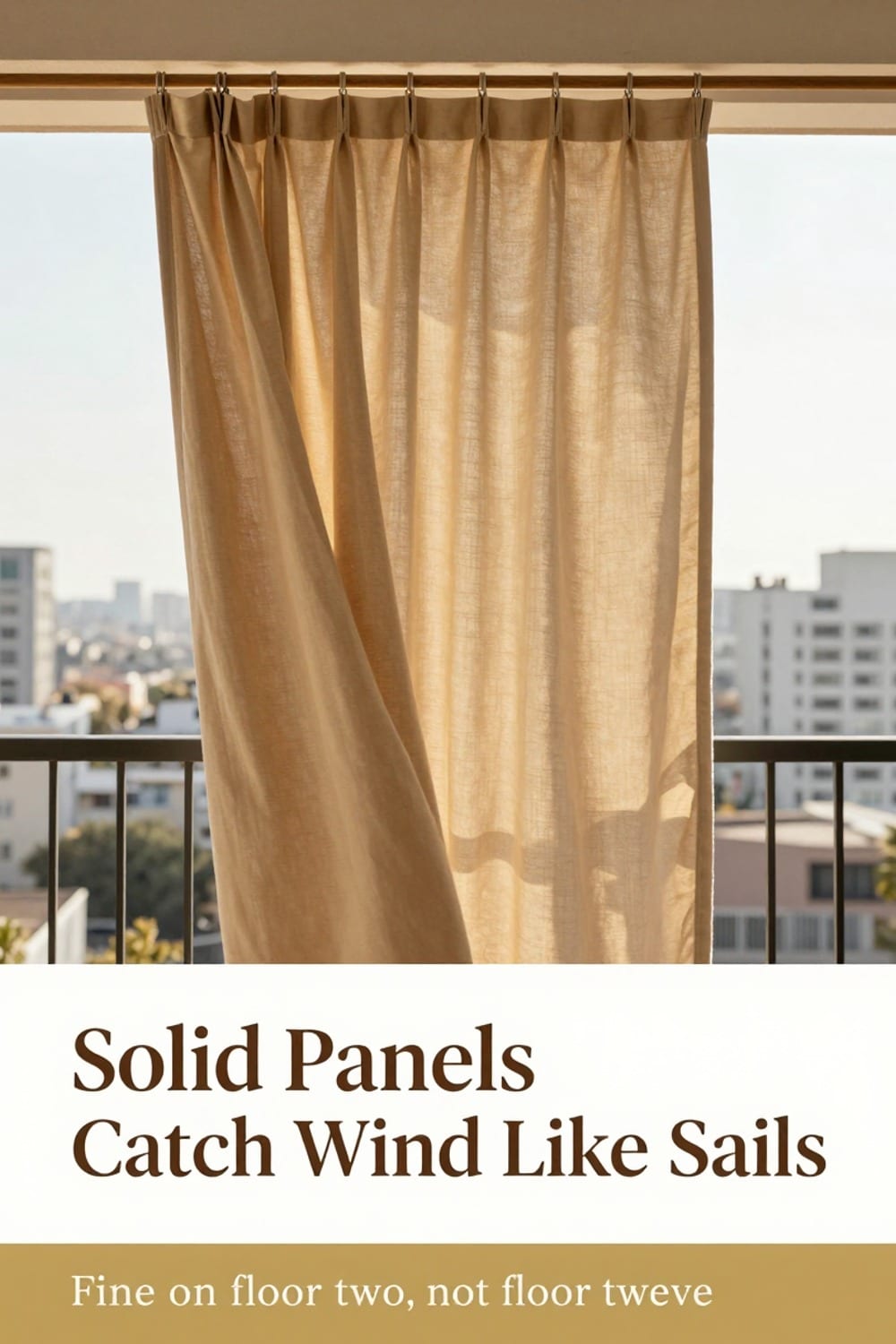 Solid outdoor curtain caught mid-breeze on a high-rise balcony railing