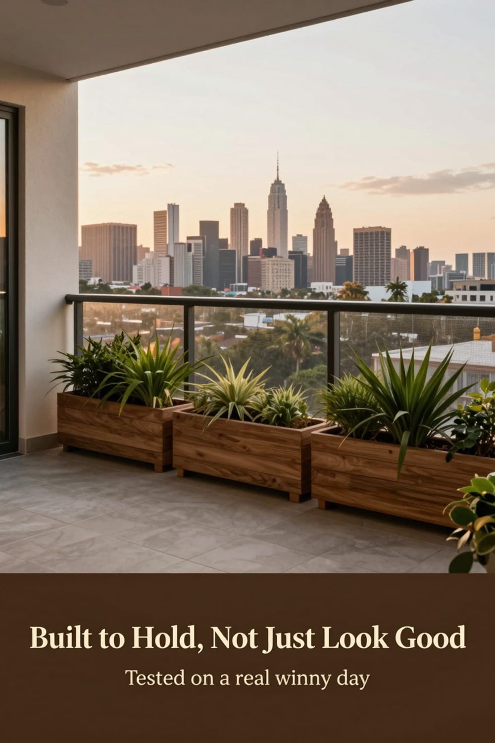Fully styled high-rise balcony with a tied privacy screen holding steady at dusk