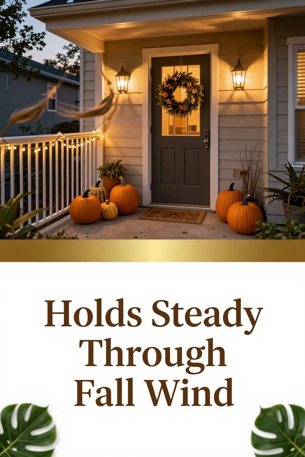 Fully styled small apartment balcony at dusk with weighted pumpkins, string lights, and a wreath holding steady in the evening breeze