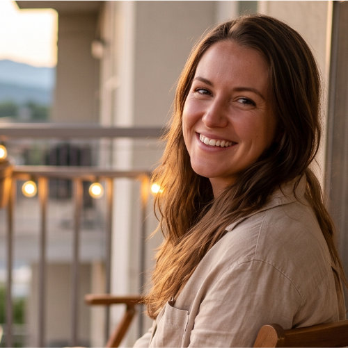 Maeve Sinclair, founder of Amber Nook, on a small string-lit balcony at golden hour